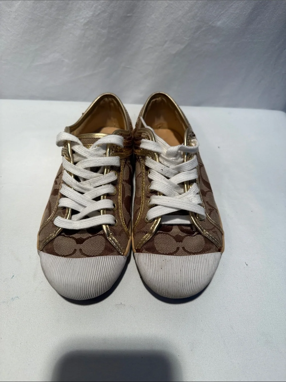 Coach Brown Signature Canvas Sneakers with White Toe and Gold Accents